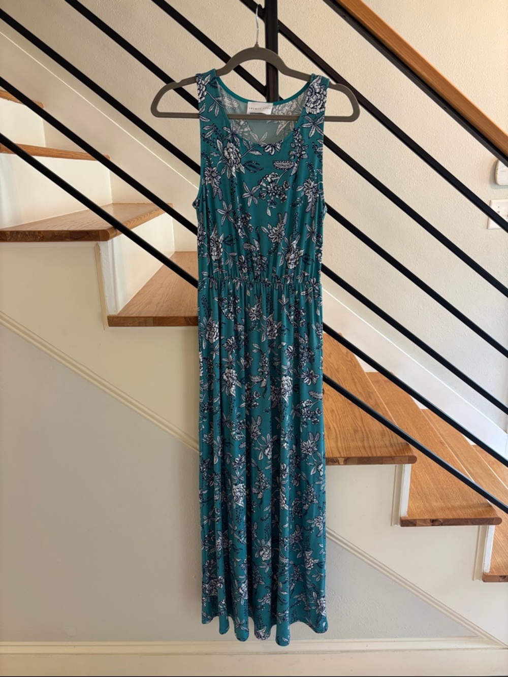 French Grey Teal Floral Maxi Dress